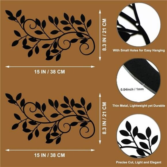 Metal Tree Leaf Wall Decor Set Wrought Iron Branch Art for Living Room Door - Picture 2 of 7